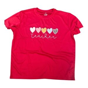SHEIN Red and White Short Sleeve Tee with Heart Design